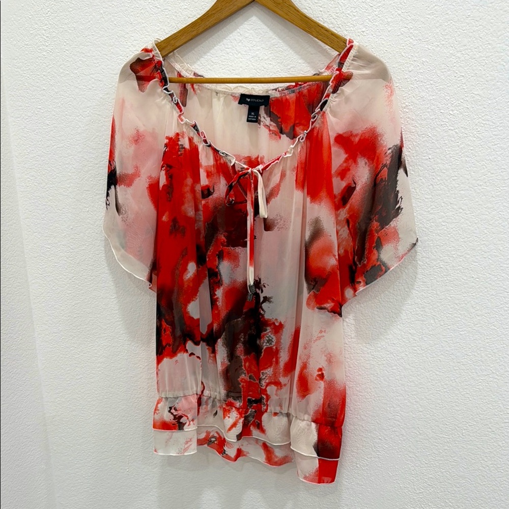 AB Studio White and Red Tie Front Flowy Peasant Blouse
